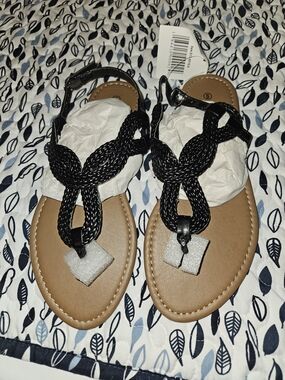 Women’s Black Braided T-Strap Sandals - Unbranded